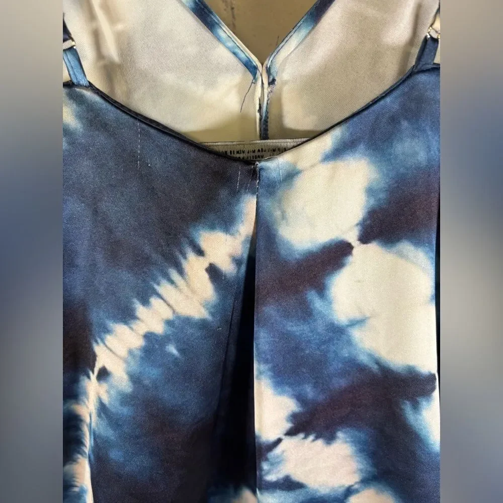 Zara Blue White Strappy V Neck Tie-Dye Satin Effect Boho Beachy Midi Dress M/L